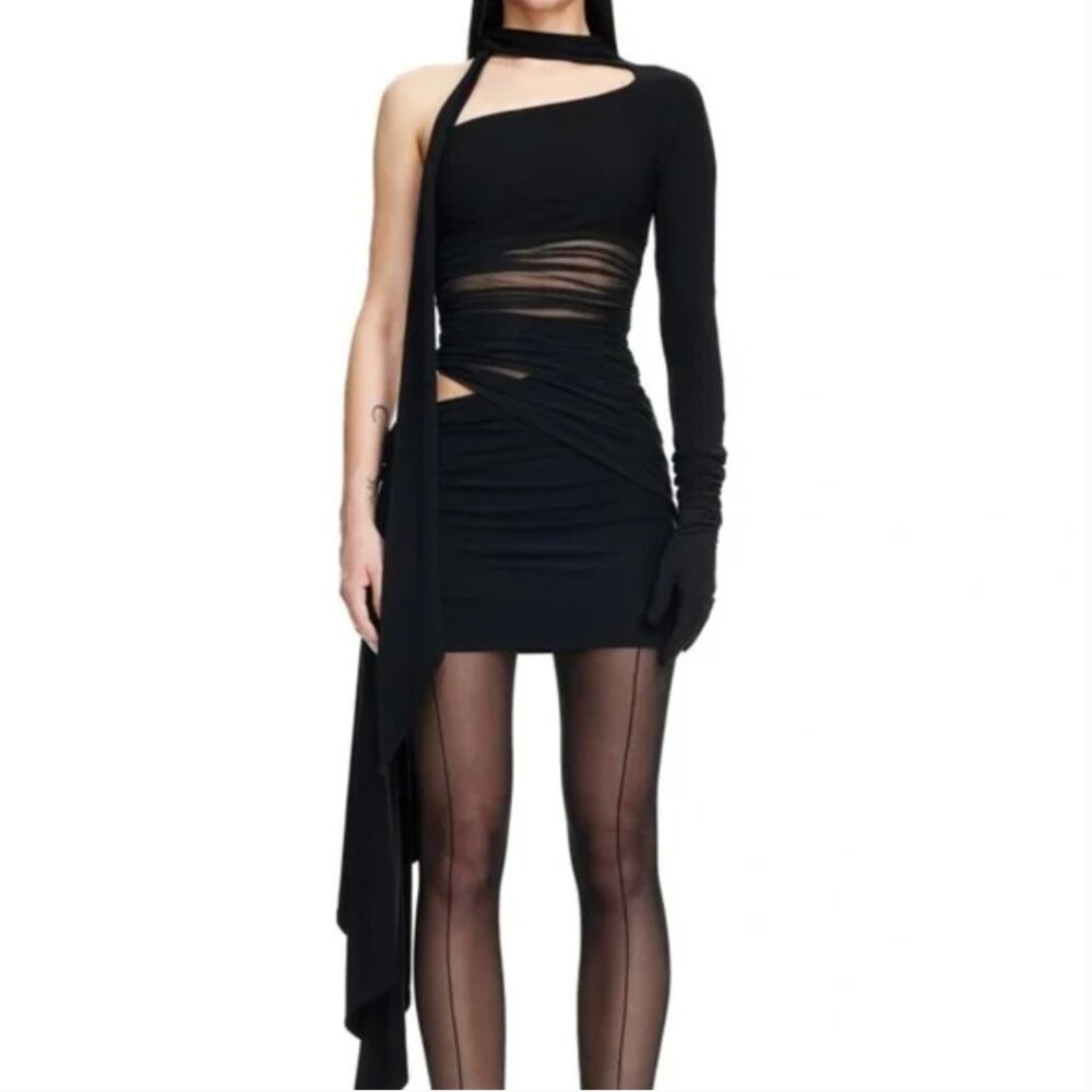 MUGLER X H&M KNOT DETAIL ONE SHOULDER DRESS BLACK XS